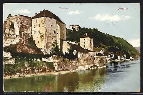 AK Passau, Teilansicht mit Unterhaus am Fluss