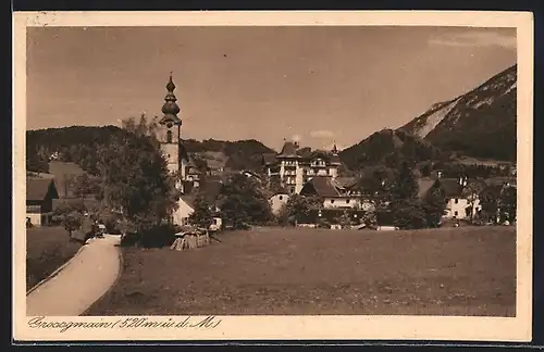 AK Grossgmain, Hotel Vötterl mit Ortsansicht