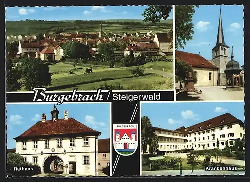 AK Burgebrach, Krankenhaus, Rathaus, Ortsansicht, Partie an der Kirche