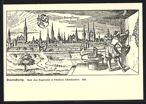Künstler-AK Braunschweig, Darstellung um 1623 mit Stadtmauer