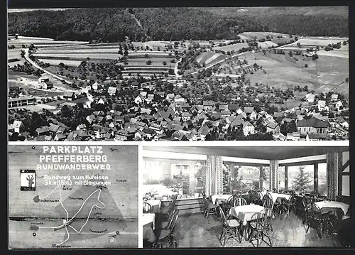 AK Geiselbach, Ortsansicht aus der Vogelschau und Gasthaus Reising innen