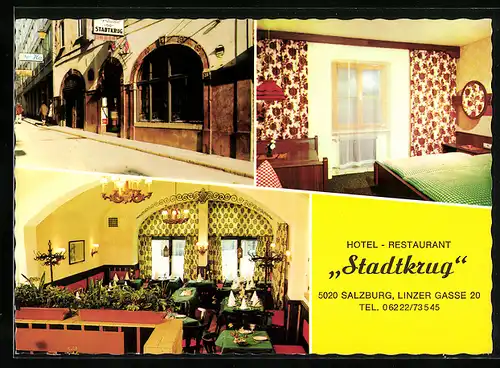 AK Salzburg, Innen- und Aussenansicht vom Hotel-Restaurant Stadtkrug, Linzer Gasse 20