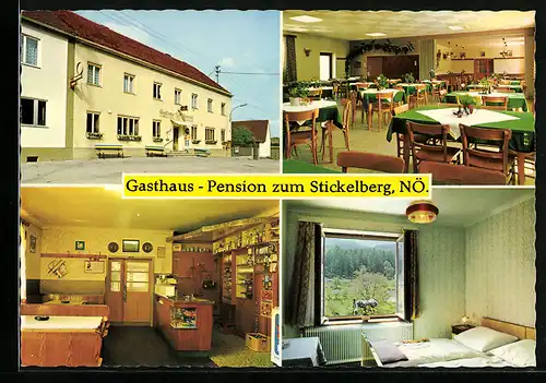 AK Hollenthon, Gasthaus-Pension Stickelberg, Innen- und Aussenansicht