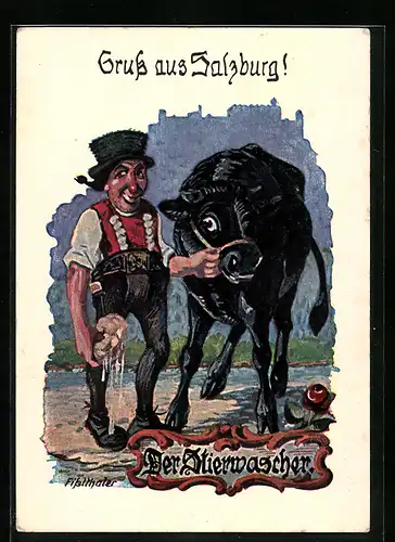 Künstler-AK Salzburg, Darstellung des Stierwaschers und eines Stiers, Grusskarte