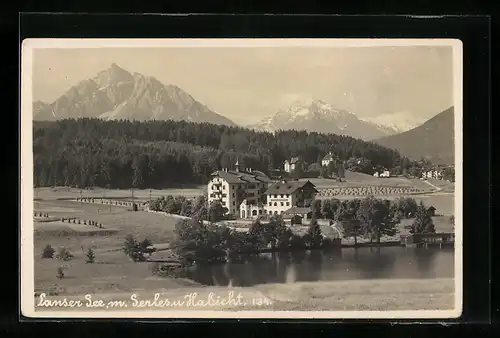 AK Lans, Hotel Lanser See mit Serles und Habicht aus der Vogelschau