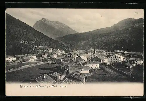 AK Scharnitz, Ortsansicht vor Bergpanorama