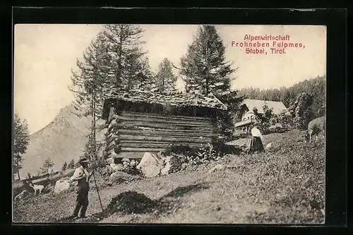 AK Fulpmes /Stubai, Alpenwirtschaft Frohneben, Zwei Bauern und ein Rind