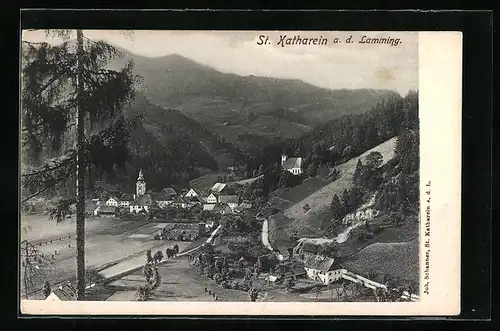 AK St. Katharein an der Laming, Ortsansicht inmitten des Bergpanoramas