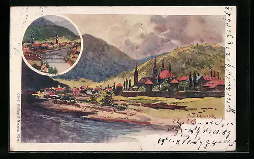 Künstler-AK F. Kopallik: Göss, Gesamtansicht mit Leoben