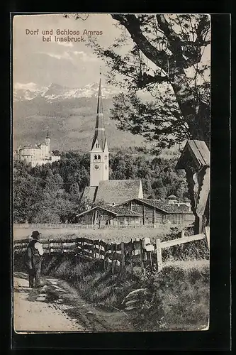AK Amras bei Innsbruck, Wegpartie mit einzelnem Flaneur, Blick auf Kirche