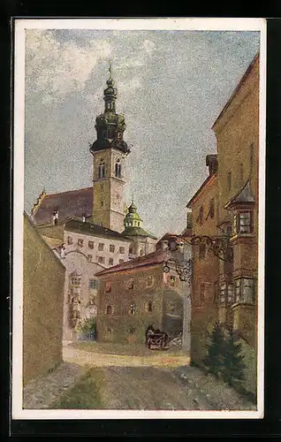 Künstler-AK Hall in Tirol, Blick auf die Stiftskirche