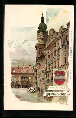 Lithographie Innsbruck, Herzog-Friedrich Strasse mit Strassencafe, Wappen