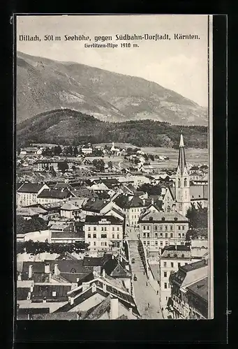 AK Villach, Blick gegen die Südbahn-Vorstadt