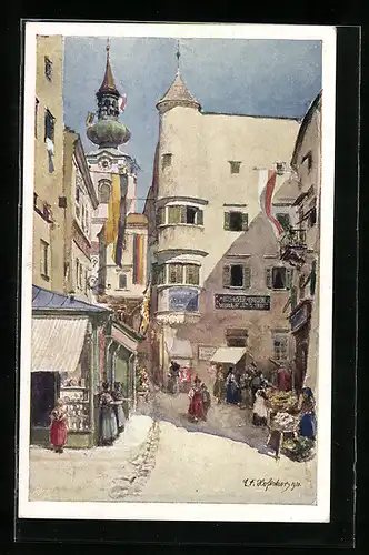 Künstler-AK E.F. Hofecker: Gmunden, Strassenblick in die Pfarrgasse