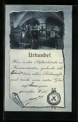 AK Kremsmünster, Inneres der Stiftsschänke, Urkunde zum Wohle einer befreundeten Person
