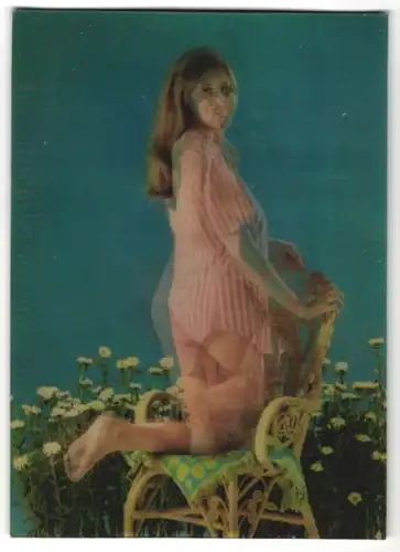 3D-AK Kneeling on Chair, Nackte Schönheit kniet auf einem Stuhl, Wackelbild