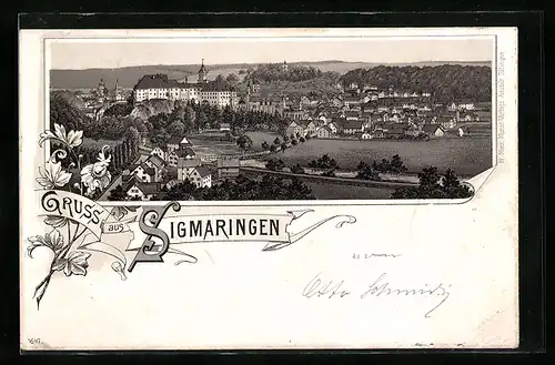 Lithographie Sigmaringen, Gesamtansicht aus der Vogelschau