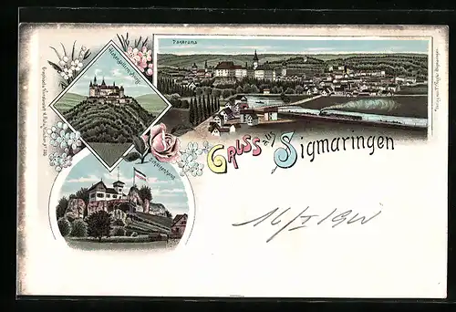 Lithographie Sigmaringen, Gasthof Schützenhaus, Hohenzollern-Burg, Panorama