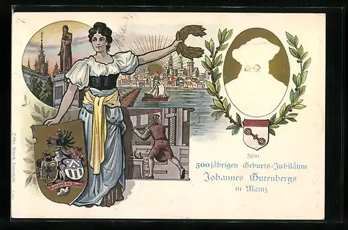Lithographie Mainz, Panorama zur 500 jähr. Gutenberg Feier 1900, Arbeiter beim Buchdruck, Wappen