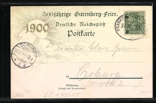 Lithographie Mainz, Panorama zur 500 jähr. Gutenberg Feier 1900, Arbeiter beim Buchdruck, Wappen