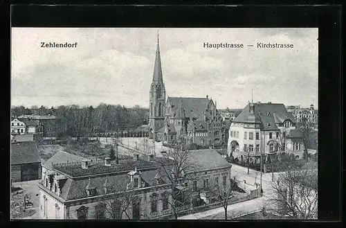 AK Zehlendorf, Hauptstrasse und Kirchstrasse mit Kirche