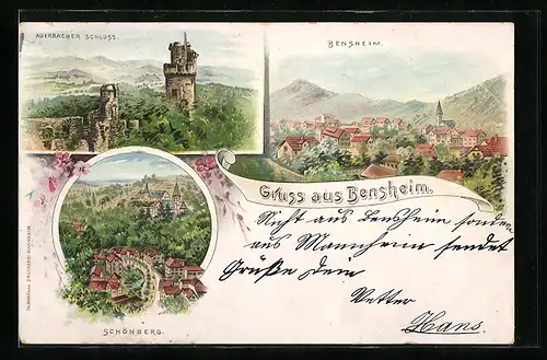 Lithographie Bensheim, Teilansicht, Auerbacher Schloss, Schönberg