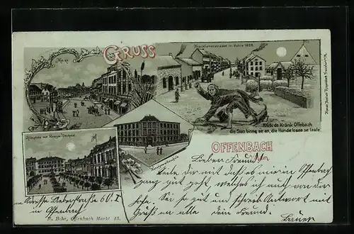 Mondschein-Lithographie Offenbach a. Main, Frankfurterstrasse 1836, Aliceplatz mit Kriegerdenkmal, Markt