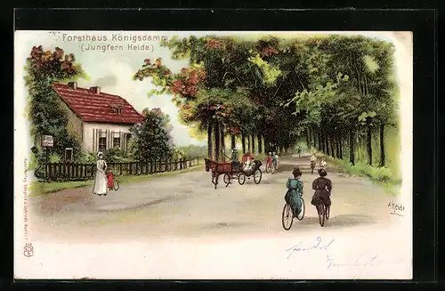 Künstler-Lithographie Berlin-Siemensstadt, Forsthaus Königsdamm in der Jungfernheide, Pferdekutsche, Radfahrer