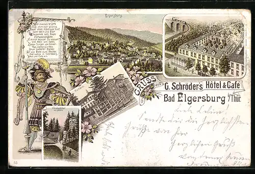Lithographie Bad Elgersburg i. Thür., Hotel & Cafe G. Schröder, Kurhaus, Körnbachthal mit der Mühle