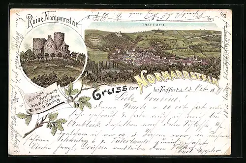 Lithographie Treffurt, Totalansicht, Ruine Normannstein