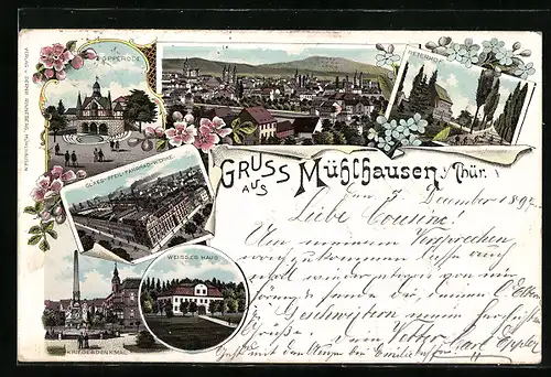 Lithographie Mühlhausen i. Thür., Claes-Pfeil-Fahrrad-Werke, Weisses Haus, Peterhof