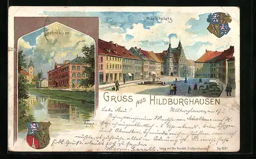 Lithographie Hildburghausen, Marktplatz mit Brunnen und Rathaus, Technikum, Wappen