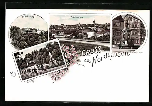 Lithographie Nordhausen, Wilhelmshöhe, Gehege, Lutherbrunnen
