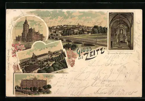 Lithographie Zeitz, Neue Post, Stadtschule, Schloss Moritzburg