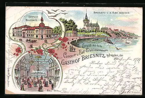 Lithographie Briesnitz b. Dresden, Gasthof Briesnitz, Inneres Ball-Saal, Uferpartie mit Kirche v. d. Elbe gesehen