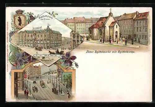 Lithographie Berlin, Geschäftshaus Mewis, Spittelmarkt 11, Alter Spittelmarkt mit Spittelkirche, Spittelmarkt
