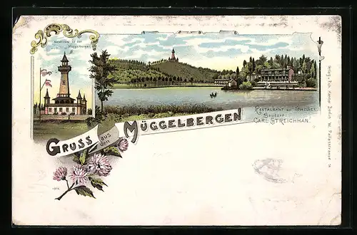 Lithographie Berlin-Köpenick, Restaurant am Teufelsee, Aussichtsturm auf den Müggelbergen