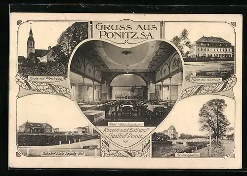 AK Ponitz / Thür., Bahnhof Linie Leipzig-Hof, Mühle, Kirche mit Pfarrhaus