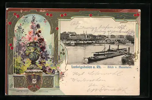 Passepartout-Lithographie Ludwigshafen a. Rh., Blick von Mannheim auf den Ort, Wappen u. Blumenvase