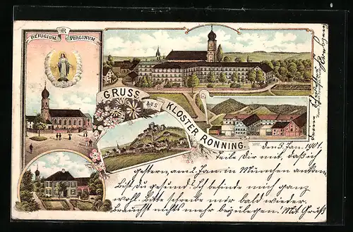Lithographie Oberroning, Kloster Ronning, Kirche und Gnadenbild, Ortspartie