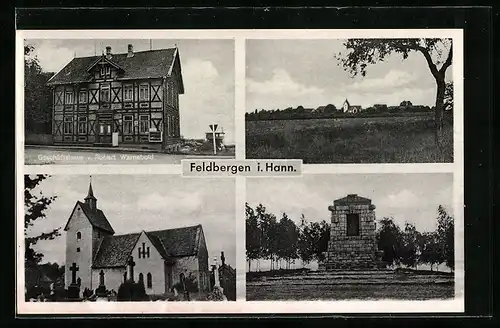 AK Feldbergen i. Hann., Geschäftshaus v. Robert Warneboid, Kirche, Denkmal, Ortsansicht