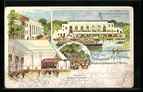 Lithographie Berlin-Niederschöneweide, Restaurant Kyffhäuser mit Dampfer-Anlegestelle, Innenansicht, Eingang