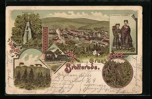 Lithographie Brotterode, Inselsberg, Wasserfall, Brotteroder Trachten