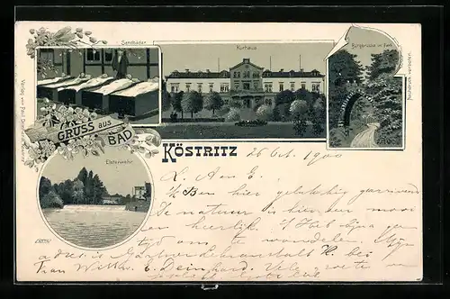 Lithographie Köstritz, Kurhaus, Sandbäder, Burgbrücke im Park
