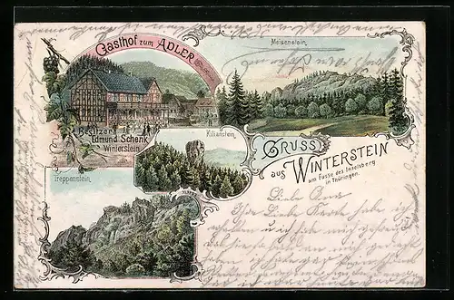 Lithographie Winterstein / Thür. Wald, Gasthof zum Adler, Blick auf Meisenstein, Kilianstein und Treppenstein