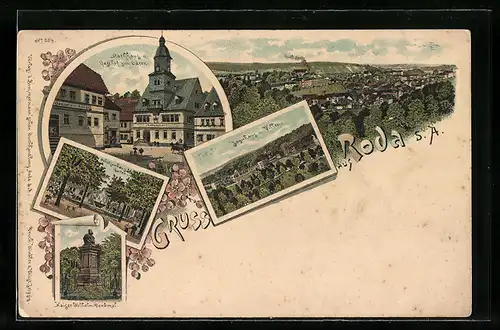 Lithographie Roda /S.-A., Rathaus und Gasthof zum Bären Logierhaus und Villen, Schützenhaus-Garten