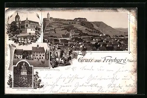 Vorläufer-Lithographie Freyburg a. Unstrut, 1892, Champagner-Fabrik, Jahn-Denkmal, Marktplatz mit Kirche