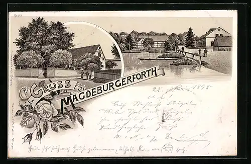 Lithographie Magdeburgerforth, Strassenpartie am Dorfteich, Haus an einer Kreuzung