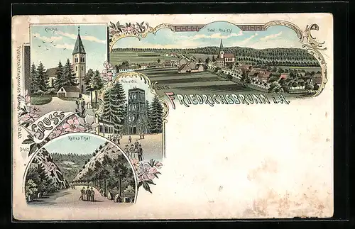 Lithographie Friedrichsbrunn i. H., Kirche, Warte auf der Victorshöhe, Kaltes Thal