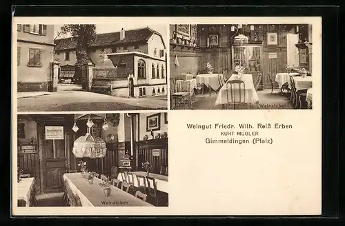 AK Gimmeldingen /Pfalz, Gasthaus Friedr. Wilh. Reiss Erben Kurt Mugler, Innenansichten Weinstuben